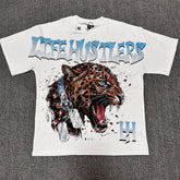 White Vintage Leopard Graphic Oversized Unisex T‑Shirt