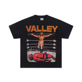 Black Vintage‑Wash Wrestler "Valley" Graphic Oversized Unisex T‑Shirt