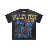 Black Vintage‑Wash Valley Fest Character Graphic Oversized Unisex T‑Shirt