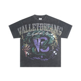Black Vintage‑Wash "Valley Dreams" Letter Graphic Oversized Unisex T‑Shirt