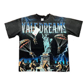 Black Vintage‑Wash Vale Dreams Statue of Liberty Graphic Oversized Unisex T‑Shirt