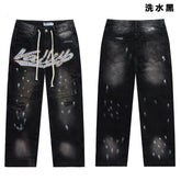 Valley Rhinestone Cursive‑Letter Baggy Jeans, Washed‑Black Distressed Unisex Streetwear Denim Pants
