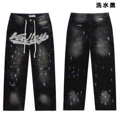 Valley Rhinestone Cursive‑Letter Baggy Jeans, Washed‑Black Distressed Unisex Streetwear Denim Pants
