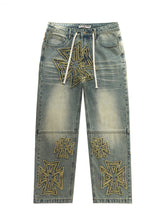 Vintage Cross‑Shaped Towel‑Embroidered Baggy Jeans, Washed‑Blue Unisex Streetwear Denim Pants