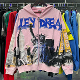 Valley Dreams Statue Of Liberty Cityscape Zip‑Up Hoodie, Pink Vintage Oversized Streetwear Unisex Jacket