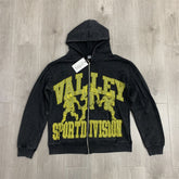 Black Washed Valley Sport Division Football Graphic Zip‑Up Hoodie Unisex Oversized Jacket