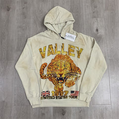 Beige Vintage Wash Valley Dreams Lion Graphic Zip‑Up Hoodie Unisex Oversized Jacket