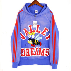 Valley Dreams Cartoon Bee Chenille Patch Pullover Hoodie, Blue Vintage Distressed Striped‑Sleeve Streetwear Unisex Sweatshirt
