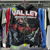 Valley Sports Dept Warrior Horse Graphic Zip‑Up Hoodie, Black Vintage Mountain‑Print Oversized Streetwear Unisex Jacket
