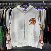 Valley Dreams Flame‑Sleeve Graphic Zip‑Up Hoodie, White Vintage Washed Oversized Streetwear Unisex Jacket