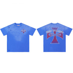 Blue Distressed Cross‑Logo Back‑Print Oversized Unisex T‑Shirt