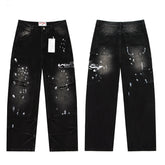 Valley Embroidered Paint‑Splatter Distressed Carpenter Baggy Jeans, Washed‑Black Unisex Wide‑Leg Denim Pants