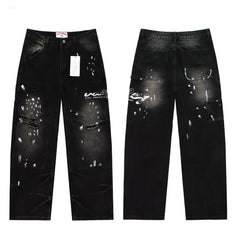 Valley Embroidered Paint‑Splatter Distressed Carpenter Baggy Jeans, Washed‑Black Unisex Wide‑Leg Denim Pants
