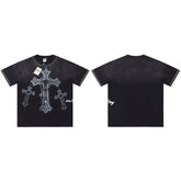 Black Rhinestone‑Cross Vintage Oversized Unisex T‑Shirt