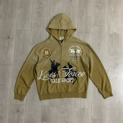 Olive‑Green Gradient‑Wash Graphic Zip‑Up Hoodie Unisex Oversized Jacket