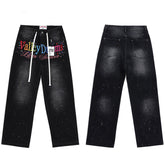 Valley Dreams Multicolor‑Letter Paint‑Splatter Baggy Jeans, Vintage Washed‑Black Unisex Wide‑Leg Denim Pants