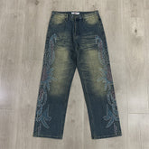 Gradient Rhinestone Star Washed‑Blue Straight‑Leg Jeans, Y2K Hip‑Hop Unisex Denim Pants