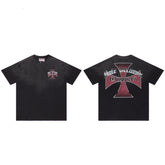 Black Distressed Cross‑Logo Back‑Print Oversized Unisex T‑Shirt