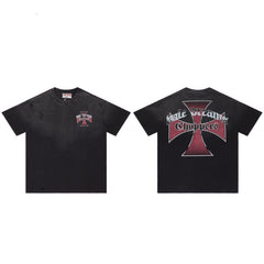 Black Distressed Cross‑Logo Back‑Print Oversized Unisex T‑Shirt
