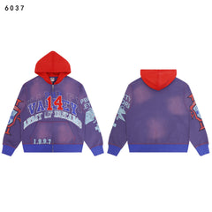 Valley Dreams Army Of Dreams Number 14 Zip‑Up Hoodie, Purple‑Red Contrast Hood Vintage Washed Streetwear Unisex Jacket
