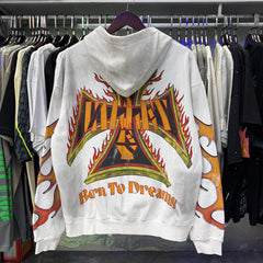 Valley Dreams Flame‑Sleeve Graphic Zip‑Up Hoodie, White Vintage Washed Oversized Streetwear Unisex Jacket