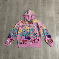 Pink Valley Dreams Graffiti‑Print Zip‑Up Hoodie Unisex Oversized Jacket