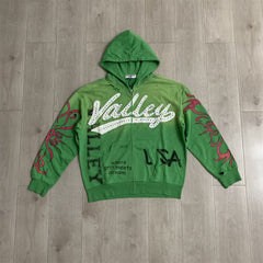 Valley Dreams Rhinestone Letter Zip‑Up Hoodie, Green Vintage Distressed Tribal‑Sleeve Oversized Streetwear Unisex Jacket