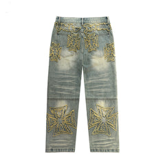 Vintage Cross‑Shaped Towel‑Embroidered Baggy Jeans, Washed‑Blue Unisex Streetwear Denim Pants