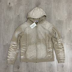 Khaki Gradient Embroidery Lightning‑Sleeve Zip‑Up Hoodie Unisex Oversized Jacket