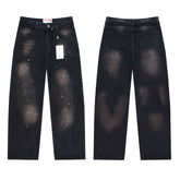 Valley Dreams Embroidery Splatter‑Paint Baggy Jeans, Vintage Washed‑Black Unisex Wide‑Leg Denim Pants