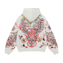 Vale Eagle Spray‑Paint Graphic Zip‑Up Hoodie, White Oversized Streetwear Hip‑Hop Tattoo Print Unisex Jacket