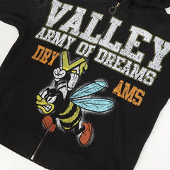 Valley Army Of Dreams Angry Bee Graphic Zip‑Up Hoodie, Black Vintage Patch‑Print Oversized Streetwear Unisex Jacket