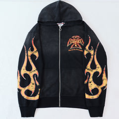 Valley Dreams Waffle‑Knit Flame‑Sleeve Zip‑Up Hoodie, Black Vintage Washed Oversized Streetwear Unisex Jacket