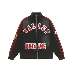 Valley Dreams Chenille Letter Zip‑Up Track Jacket, Black Red Stripe Oversized Streetwear Unisex Coat