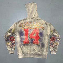 Valley Dreams Vintage Eagle Heart Tattoo‑Style Zip‑Up Hoodie, Washed Grey Oversized Streetwear Unisex Jacket