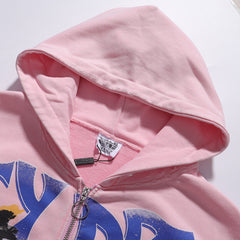 Valley Dreams Statue Of Liberty Cityscape Zip‑Up Hoodie, Pink Vintage Oversized Streetwear Unisex Jacket