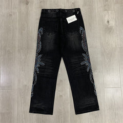 Gradient Rhinestone Star Washed‑Black Straight‑Leg Jeans, Y2K Hip‑Hop Unisex Denim Pants