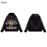 Valley Dreams Cartoon Bee Chenille Patch Pullover Hoodie, Black Vintage Distressed Striped‑Sleeve Streetwear Unisex Sweatshirt