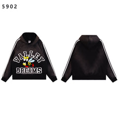Valley Dreams Cartoon Bee Chenille Patch Pullover Hoodie, Black Vintage Distressed Striped‑Sleeve Streetwear Unisex Sweatshirt