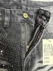Zebra‑Striped Rhinestone Embellished Baggy Denim Pants, Vintage Washed‑Black Unisex Streetwear Jeans