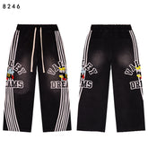 Valley Dreams Cartoon‑Bee White‑Stripe Wide‑Leg Sweatpants, Vintage Black Washed Streetwear Unisex Trousers