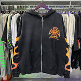 Valley Dreams Flame‑Sleeve Graphic Zip‑Up Hoodie, Black Vintage Washed Oversized Streetwear Unisex Jacket