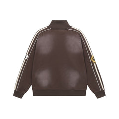 Valley Dreams Chenille Letter Zip‑Up Track Jacket, Brown White Stripe Oversized Streetwear Unisex Coat