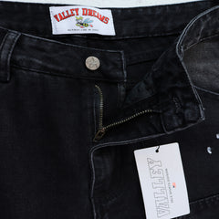 Valley Embroidered Paint‑Splatter Distressed Carpenter Baggy Jeans, Washed‑Black Unisex Wide‑Leg Denim Pants