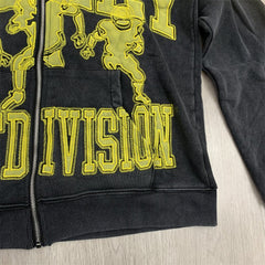 Black Washed Valley Sport Division Football Graphic Zip‑Up Hoodie Unisex Oversized Jacket
