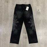 White Dots Print Distressed Washed‑Black Straight‑Leg Jeans, Y2K Streetwear Unisex Denim Pants