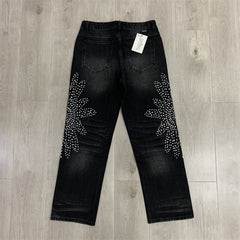 White Dots Print Distressed Washed‑Black Straight‑Leg Jeans, Y2K Streetwear Unisex Denim Pants