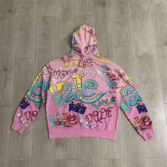 Pink Valley Dreams Graffiti‑Print Zip‑Up Hoodie Unisex Oversized Jacket