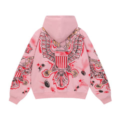 Vale Eagle Spray‑Paint Graphic Zip‑Up Hoodie, Pink Oversized Streetwear Hip‑Hop Tattoo Print Unisex Jacket