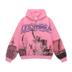 Vale Dream Statue of Liberty New York City Graphic Zip‑Up Hoodie, Pink Oversized Y2K Streetwear Unisex Jacket